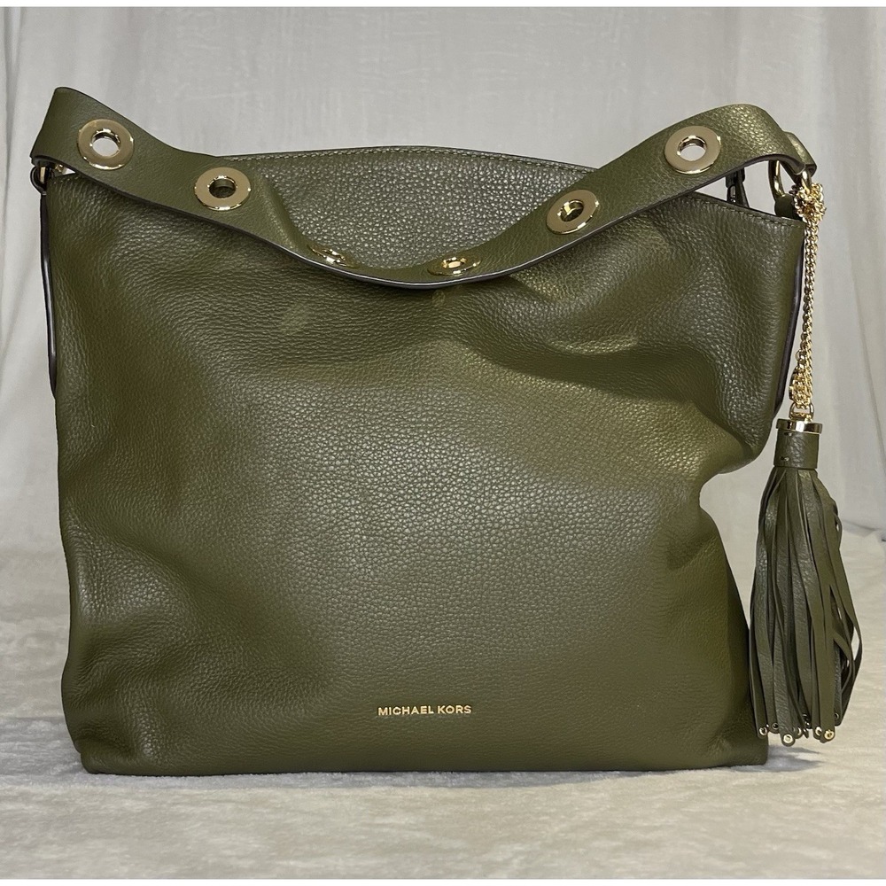 Michael Kors Brooklyn Large Leather Shoulder Handbag Purse Olive Army Green Bag
